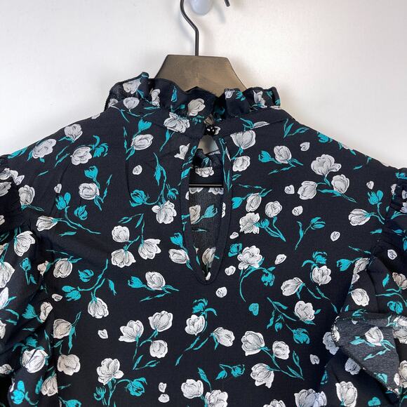 NWT Missguided Size 12 Floral Frill Detail Blouse Black Blue Mock Neck - Picture 8 of 10